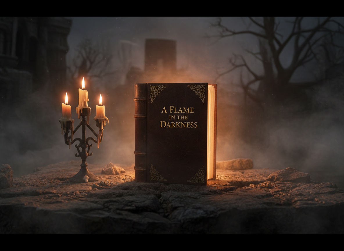A Flame in the Darkness book lit by candlelight on a dark stone surface with dramatic moody atmosphere