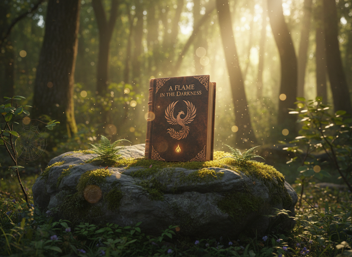 A Flame in the Darkness book resting on a mossy rock in a sunlit forest with dappled light and bokeh